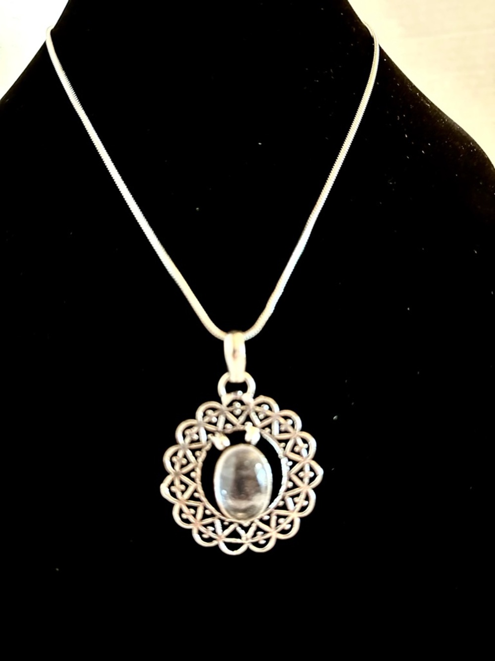 Clear Quartz Silver Plated Gemstone Pendant Necklace Filigree